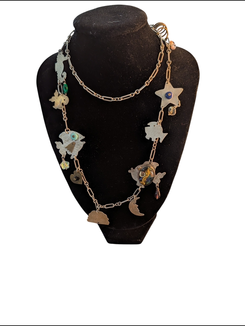 Silver Ocean Charm Mixed Metal Whimsical Necklace with Multicolor Accents